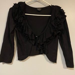 Black ruffle bolero sweater with hook and eye front closure and crop sleeves